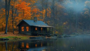 Autumn Cabin Wallpaper: Scenic Lake House Wallpaper Background Images