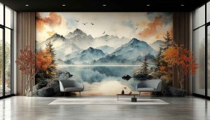 Scenic Mountain Lake Art Wallpaper for Home Decor | 4K