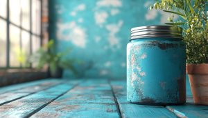 Teal Jar Still Life Wallpaper - Rustic Home Decor Aesthetic