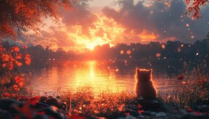 Cat Sunset Wallpaper, Autumn Lake Scenery Wallpaper for Desktop