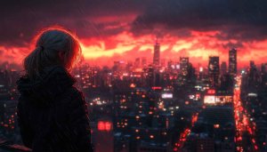 Rainy City Girl Wallpaper - Red Sky, Cityscape Background