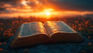 Bible Wallpaper: Open Book at Sunset - Religious Themes Background