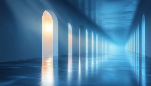 Abstract Architecture Wallpaper: Blue Hallway, Modern Design, Arches, Light