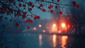 Winter Scene Wallpaper: Red Leaves, Bokeh Lights, Snowy Landscape
