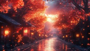 Autumn Scenery Wallpaper: Red Leaves, Japan Street, 4k Wallpaper