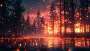Enchanted Forest Wallpaper: Firefly Night, Nature, Landscape, 4K
