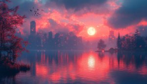 Pink Sky Cityscape Wallpaper, Full Moon Reflection, 4K Laptop Background