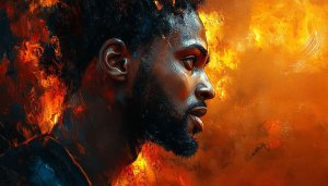 Fiery Portrait Wallpaper: Abstract Art, Man, Orange, Artistic