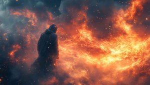 Inferno Wallpaper: Hooded Figure in Fiery Landscape - HD Background