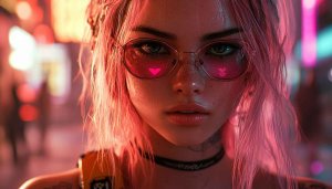 Cyberpunk Girl Wallpaper, Pink Hair, Neon Lights, Futuristic Scenery