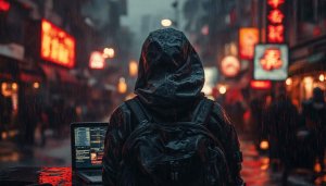 Cyberpunk Cityscape Wallpaper: Hacker in Rain 4k Wallpaper for Desktop