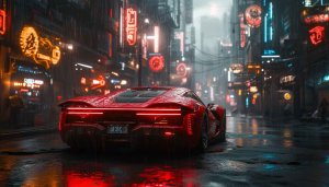 Red Car Cyberpunk City Rain Wallpaper, 4k Wallpaper for Desktop