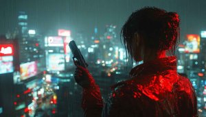 Cyberpunk Girl Wallpaper with Gun - Cityscape Aesthetic