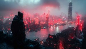 Cyberpunk City Wallpaper, Dystopian Future City, Red Neon Lights