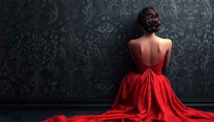 Elegant Red Dress Wallpaper, Artistic Back View, Stylish Dark Pattern