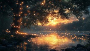 Enchanted Forest Wallpaper: Magical Tree & River at Sunset