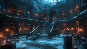 Winter Library Wallpaper, Snowy Bookcase, Dark Academia Aesthetic