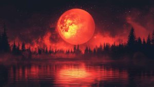 Red Moon Wallpaper, Forest Lake, Night Sky, 4K