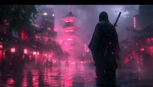 Cyberpunk Samurai Wallpaper, Rainy Night Japan Aesthetic, 4k Wallpaper