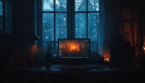 Cozy Room Wallpaper: Rainy Day Cityscape PC Wallpaper