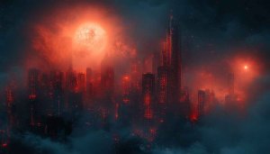 Cyberpunk City Wallpaper, Futuristic Cityscape 4K, Red Moon Aesthetic