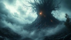 Mystical Tree Wallpaper: Fantasy Landscape, Dark Forest, Spooky Theme, 4K