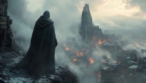 Dark Fantasy Wallpaper: Hooded Figure Overlooking Burning City, 4K Wallpaper