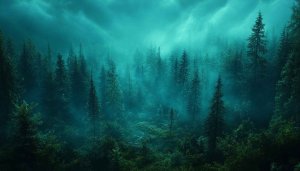Mystical Forest Wallpaper: Dark Green Trees, Foggy Landscape for Desktop