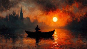 Sunset Painting Wallpaper, Boat, River, Building, 4K, Desktop, Mobile