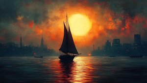 Sunset Sailboat Wallpaper: Ocean, Cityscape, Artistic 4K Wallpaper