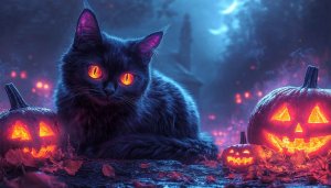 Halloween Wallpaper: Black Cat and Pumpkins - Spooky Desktop Background