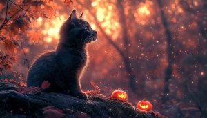 Halloween Black Cat Wallpaper, Pumpkin Autumn Background 4K for Desktop