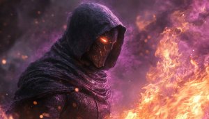 Dark Knight Wallpaper: Hooded Warrior with Fiery Eyes 4k
