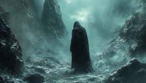 Dark Fantasy Landscape Wallpaper: Hooded Figure in Misty Mountains