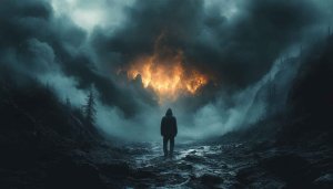 Dark Fantasy Wallpaper: Hooded Figure, Apocalyptic Landscape, 4K Wallpaper
