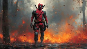 Deadpool Wallpaper: Heroic Stance in Fiery Destruction, 4K Wallpaper