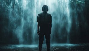 Waterfall Wallpaper: Man Silhouette at Waterfall Nature Wallpaper 4K