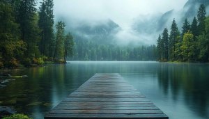Lake Wallpaper: Misty Mountain, Forest, Dock Wallpaper for Desktop