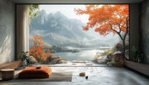 Zen Interior Wallpaper: Serene Lake View Mountain Autumn Scenery