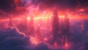 Futuristic Cityscape Wallpaper, Pink Sky, Cloudscape, High Resolution