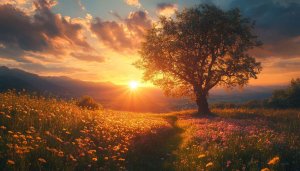 Sunset Landscape Wallpaper: Field, Tree, Sky, 4K Wallpaper, Nature Wallpaper