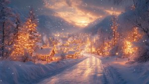 Winter Wallpaper: Christmas Village Snow Scene Lights Desktop Background