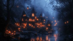 Fantasy Village Wallpaper: Spooky Forest House Backgrounds, Dark Aesthetic Images