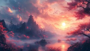 Beautiful Japanese Landscape Wallpaper: Pagoda, Lake, Sunset, and Cherry Blossoms