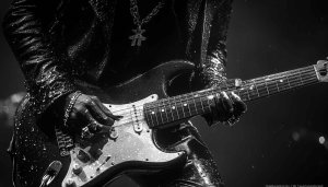 Black and White Guitar Wallpaper: Musician Performing in Rain