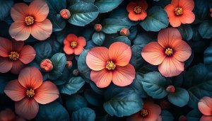 Floral Wallpaper: Peach Flowers on Dark Leaves 4k Wallpaper