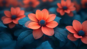 Aesthetic Floral Wallpaper: Orange Flower, Dark Blue Leaves Background