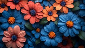 Floral Wallpaper: Blue and Orange Flower Blossom with Water Droplets