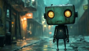 Robot Wallpaper: Rainy Cityscape, AI Art, Desktop & Mobile Backgrounds