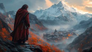 Epic Fantasy Scenery Wallpaper: Man, Mountains, Medieval Town Scenery